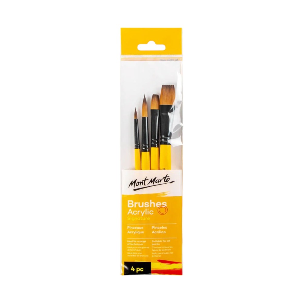 Mont Marte Acrylic Brushes Signature Set of 4 - Includes Round, Flat Brushes for Acrylics